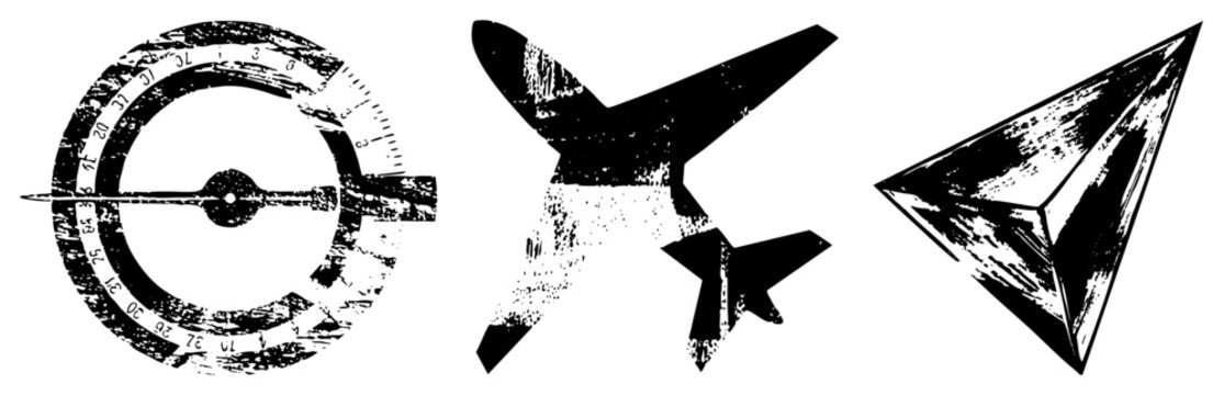 Distressed stencil collection showcasing a weathered navigation dial, a flying aero, and a sharp delta wing. These rough, ink splattered shapes feature a heavy grunge texture.