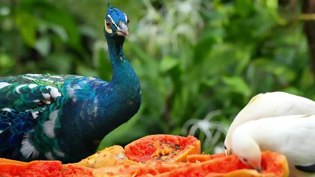 bird of paradise enjoying meals together, bird watching other bird eating, rare colored peacock and imperial pied pigeon routine in the afternoon, bird flying joining other birds