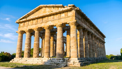 Fototapeta premium Ancient Greek temple ruins with doric columns under blue sky