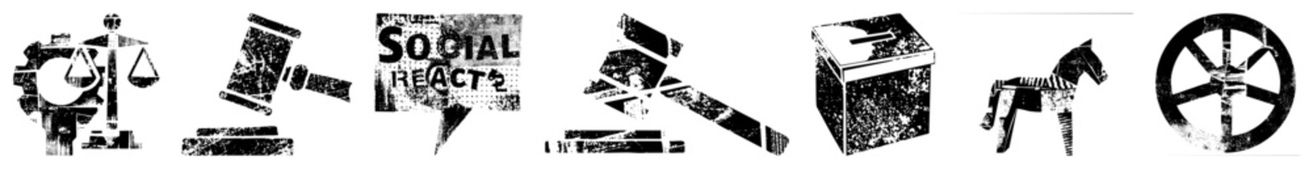 Obraz premium Gritty stencil graphics including a justice scale, legal gavel, social speech bubble, and wooden hobby horse. These rough cut silhouettes feature heavy halftone texture and worn edges.