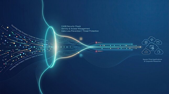 Futuristic digital funnel filtering data streams into secure cloud connections.