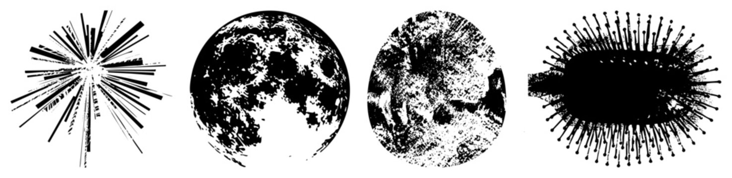 Collection of celestial motifs including a textured lunar sphere, a cosmic explosion, and a celestial orb. These cosmic feature heavy ink splatter and rough stencil aesthetics.