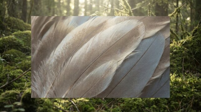Macro view of intricate layered bird feathers with visible barbules and texture in soft beige and grey tones, set against a blurred forest background with mossy ground and sunlight.