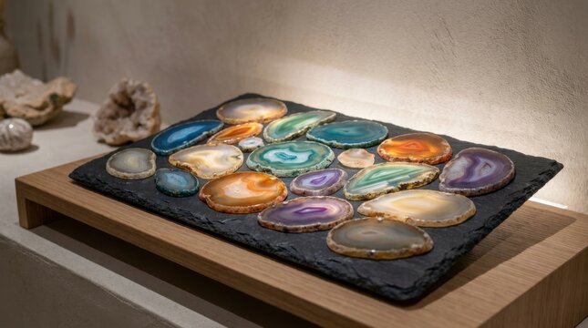 Collection of multiple polished agate slices in various colors like teal blue orange and purple arranged on a dark slate display board set on a light wood platform base.