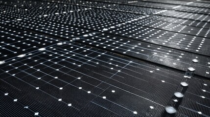 Fototapeta premium Detailed Close-Up of Black Solar Panel Surface with Water Drops, Featuring Solar Cells and Grid Pattern under Natural Light Conditions