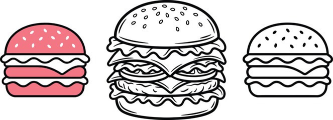 Three colorful burger illustrations hand drawn fast food icons for menu design © Abul
