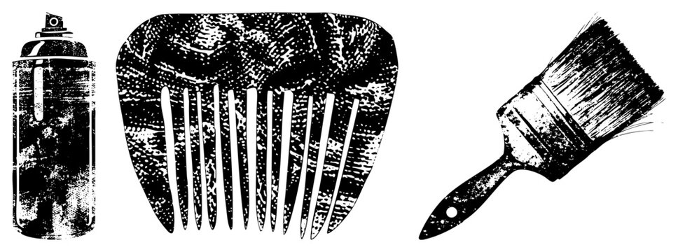 This rough stencil collection features a spray can, a wide tooth comb, and a thick brush. These urban art tools show heavy distress and a weathered texture for a raw, aesthetic.