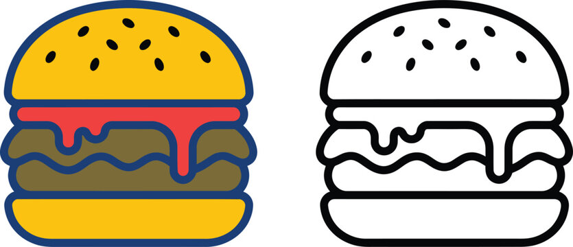 Colorful and blackline burger icon set fast food restaurant menu and culinary designs