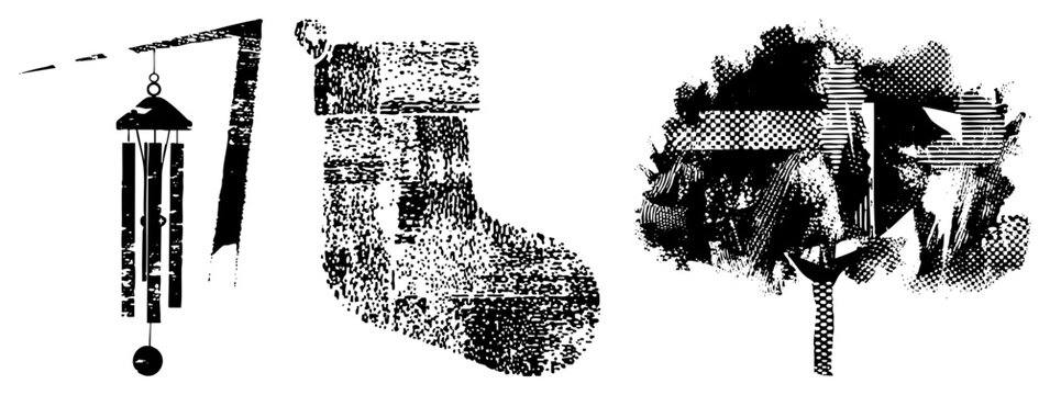 This distressed collection features a weathered wind chime, a festive holiday bootie, and a leafy tree. Each element uses a heavy halftone texture and grunge stencil style for a raw look.