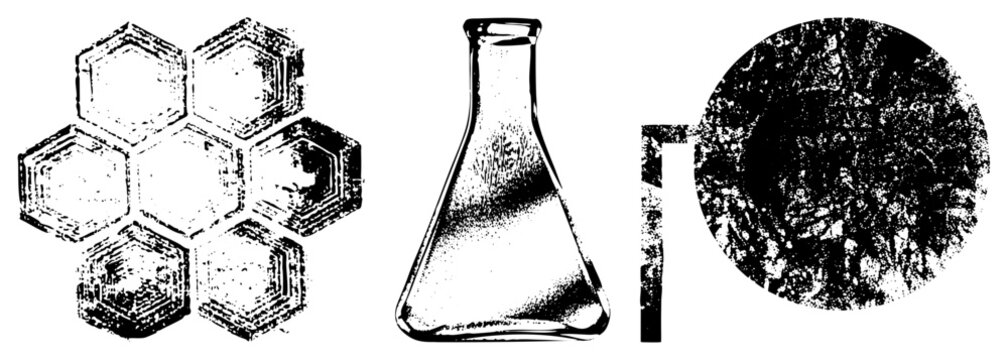 Textured collection of laboratory glassware and organic shapes, featuring a distressed Erlenmeyer flask, science beaker, and a honeycomb cell structure with a worn stencil aesthetic.