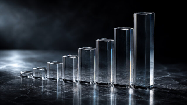 Crystal glass bar graph showing financial growth and business success on dark marble