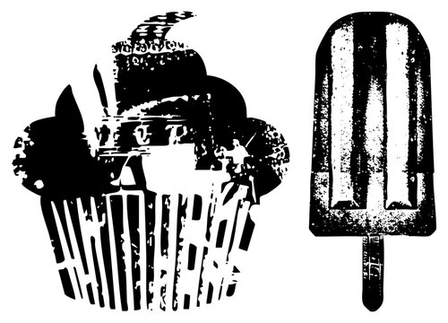 This gritty duo features a sweet treat cupcake and a frozen popsicle, often called a cakelet or a paleta in casual settings. These high contrast silhouettes capture a vintage snack aesthetic.