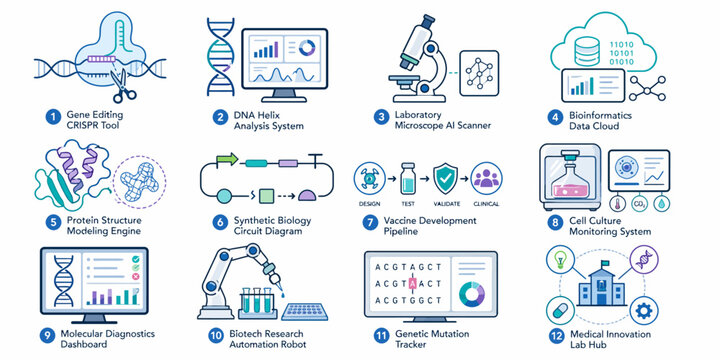 Infographic illustration depicts various science and technology icons and symbols on screen
