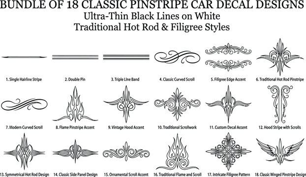 Bundle of 18 classic pinstripe car decal designs featuring ultra thin black lines traditional hot rod and filigree vector illustrations