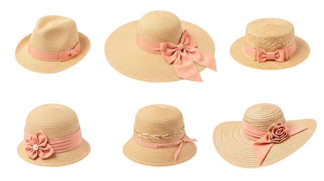 Collection of fashionable straw hats adorned with delicate pink and peach ribbons, perfect for summer.
