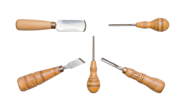 Collection of five antique wood carving tools and chisels, presented from multiple angles.
