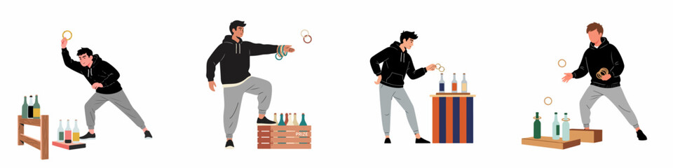 Fototapeta premium Set of illustrations showing a young man playing a carnival ring toss game with bottles at a fair.