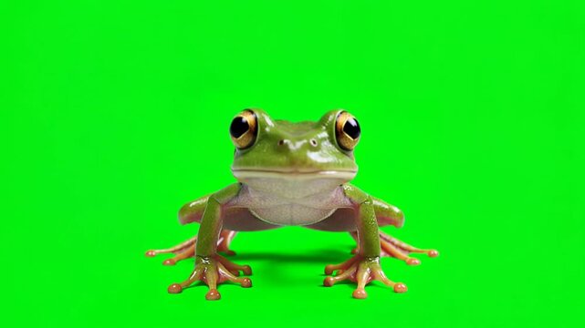 Green Tree Frog Jumping Forward Naturally Towards Camera Green Screen Chroma Key Commercial Stock Video Footages