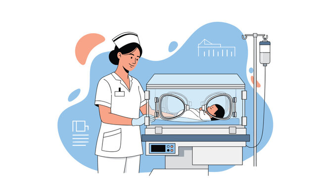 Professional nurse wearing a uniform and medical gloves monitoring a newborn baby sleeping inside a hospital incubator.