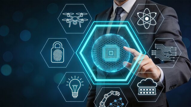 Businessman touching futuristic hexagonal interface displaying chip processor surrounded by icons of drone, atom, security, circuit, cloud, robotics and light bulb representing