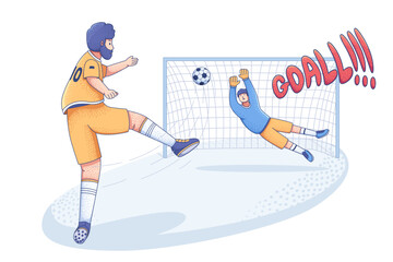 Fototapeta premium A hand-drawn illustration depicting a soccer match, showing a striker shooting a goal past the goalkeeper