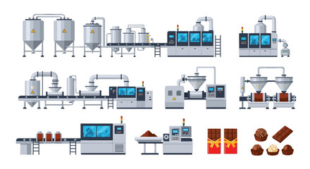 Fototapeta premium Comprehensive collection of industrial machinery for a chocolate factory along with finished chocolate bars and truffles.