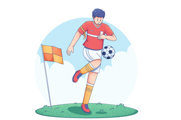 hand-drawn illustration depicting a men's soccer team captain controlling the ball with his knee near the corner flag on the soccer field © Delook Creative