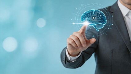 Fototapeta premium Businessman touching futuristic artificial intelligence brain hologram, digital transformation and machine learning concept for corporate technology innovation.