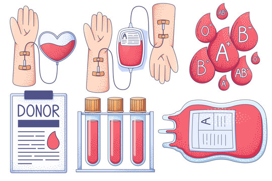 Hand-drawn blood donation medical illustrations set featuring intravenous lines, plasma bags, laboratory test tubes, blood type, and donor forms.