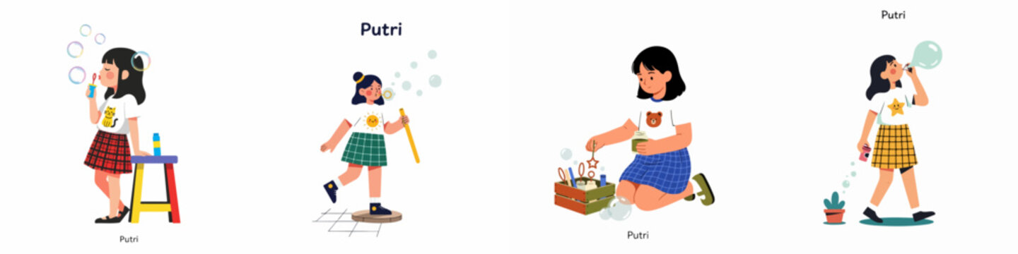 Set of illustrations featuring a cute young girl named Putri playing and blowing soap bubbles in various playful poses.