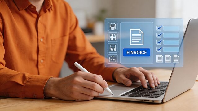 Person working on laptop with e-invoice holographic display, digital billing, electronic document, accounting software, financial record, paperless office, tax form, payment