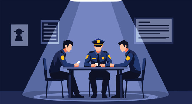 Three police officers in uniform sit around a table in a dark interrogation room illuminated by a single overhead spotlight beam.