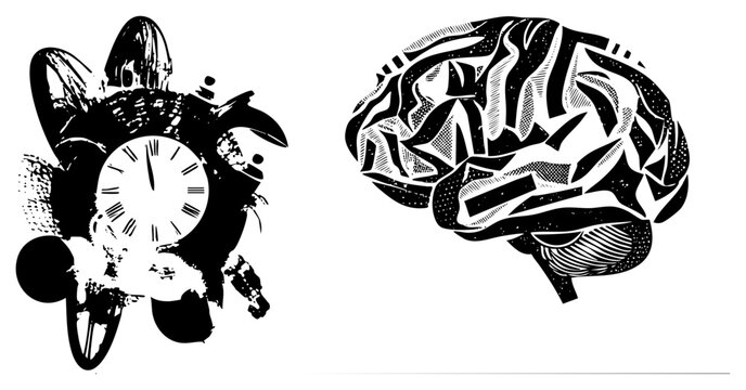 Stylized human brain alongside a fragmented timepiece, featuring a ticking chronometer and cerebral anatomy. This surrealist duo uses heavy ink textures and halftone.