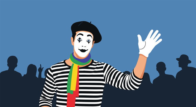 Professional mime artist with a white painted face and a striped shirt waves his gloved hand in front of a shadowed crowd of people.