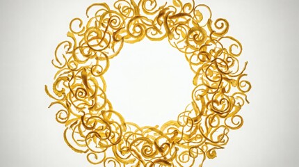 Obraz premium Elegant Golden Swirls Forming a Decorative Circular Wreath on White Background.