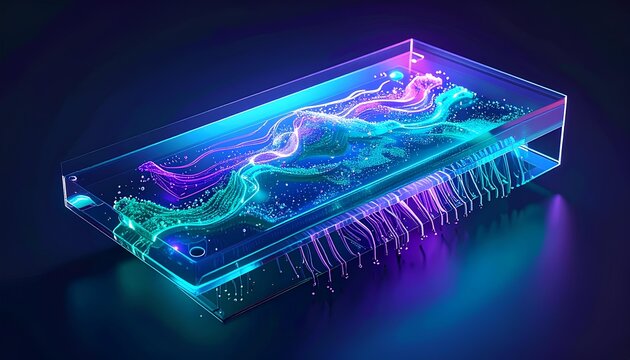 発光する流路を持つ長方形のマイクロ流体デバイス / Rectangular microfluidic device with glowing fluid channels (Generative AI)