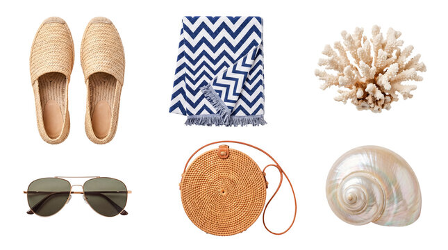Stylish collection of summer and beach accessories: espadrilles, towel, coral, sunglasses, rattan bag.