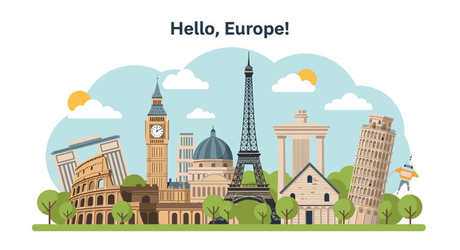 Travel illustration featuring famous European architectural landmarks including the Eiffel Tower, Big Ben, and the Leaning Tower of Pisa.