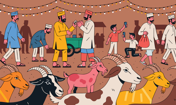 Bakra Eid Pakistani Livestock Market Crowd Scene Vector
