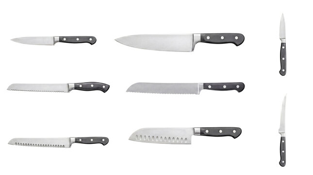 Professional kitchen knife set including chef's, serrated, and santoku knives, with black handles.
