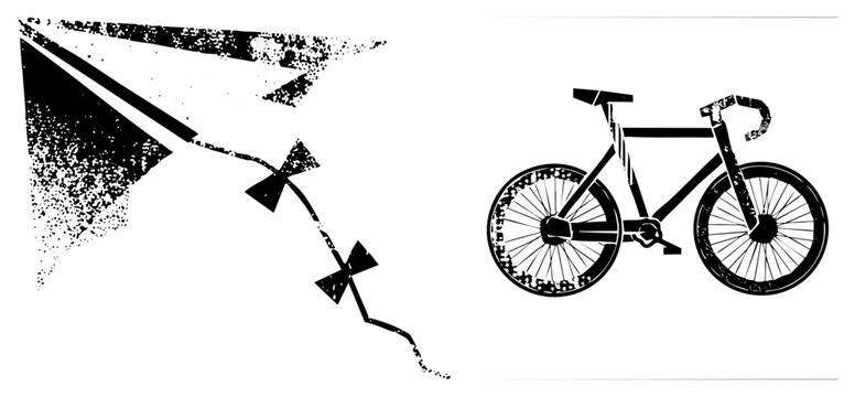 Rugged wind flyer with a long tail drifts alongside a two wheeler, featuring a heavy stippled texture. This vintage paper plane and cycle set uses a high contrast stencil aesthetic.