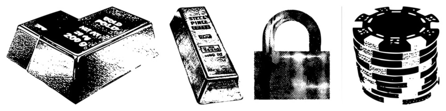 Textured halftone set featuring a heavy gold bar, steel billet, secure padlock, and gambling chips. These gritty elements offer a rugged aesthetic.