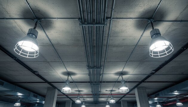 Exposed Electrical Conduits and Industrial Lighting on a Concrete Ceiling