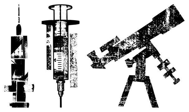 This rough stencil collection features medical, a large hypodermic injector, and a weathered spyglass. These gritty elements include a classic jabber and a long range scope.