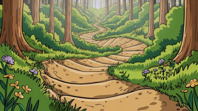 A vibrant cartoon illustration of a winding forest trail path