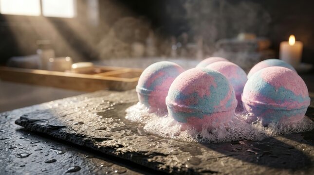 Pink and blue swirled bath bombs fizzing and bubbling on a wet dark slate surface in a spa-like bathroom setting with natural sunlight rays, steam, and a burning candle.