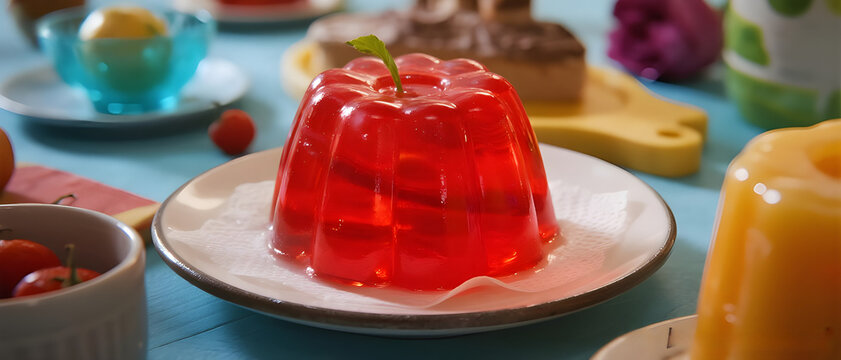 A vibrant red gelatin jelly dessert served on a plate with other sweets on a colorful table.