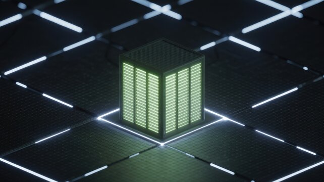 Abstract digital data vault visualized as a glowing secure server cube