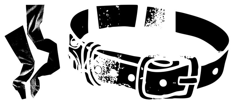 This rugged leather strap, also known as a waist cinch or a waist belt, features a heavy grunge stencil style. The worn leather gear shows a weathered buckle and distressed finish.