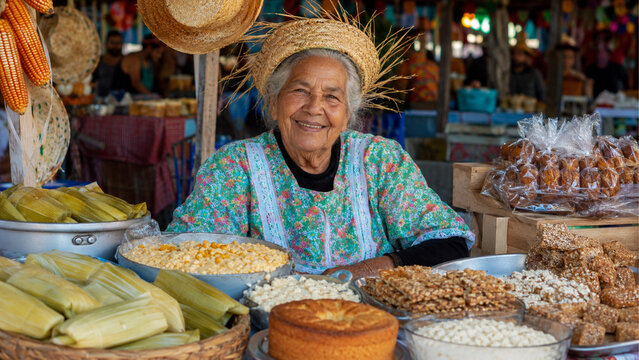 Smiling Senior Woman Selling Traditional Brazilian Corn Delicacies at a Vibrant Local Market